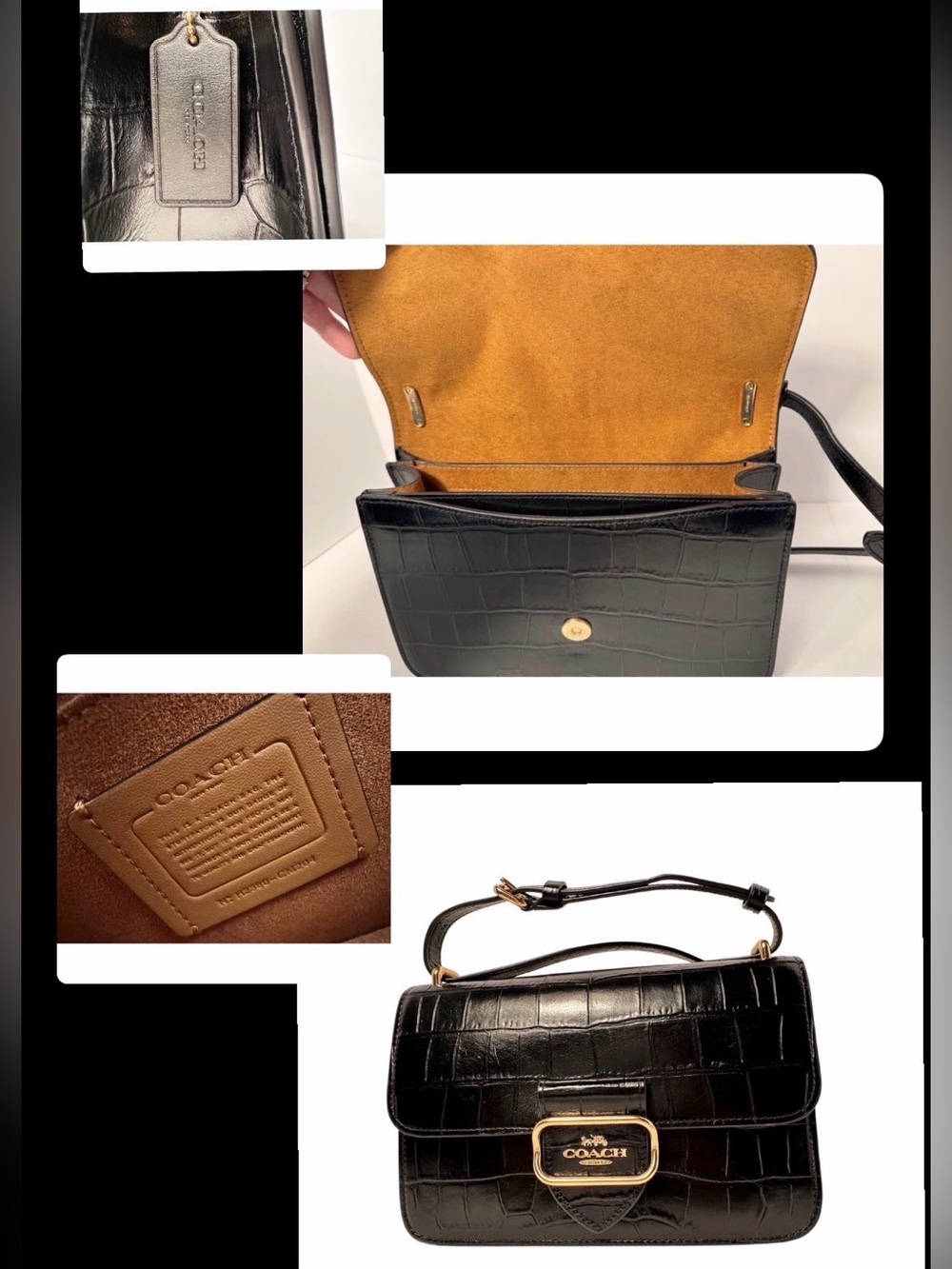 COACH Morgan Black Croc-Embossed Leather Shoulder Bag with Gold Hardware